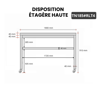 Table inox 1800 x 500 mm sur roulettes / GOLDINOX