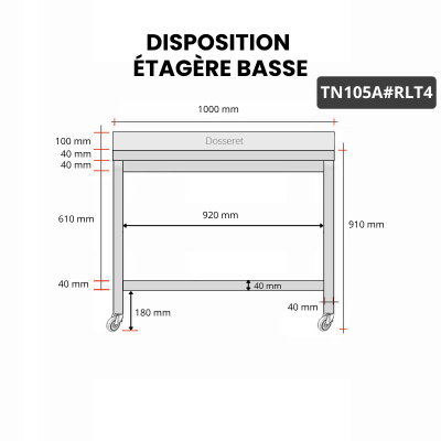 Table inox 1000 x 500 mm adossée sur roulettes / GOLDINOX