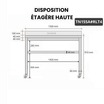 Table inox 1500 x 500 mm adossée sur roulettes / GOLDINOX