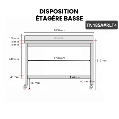 Table inox 1800 x 500 mm adossée sur roulettes / GOLDINOX