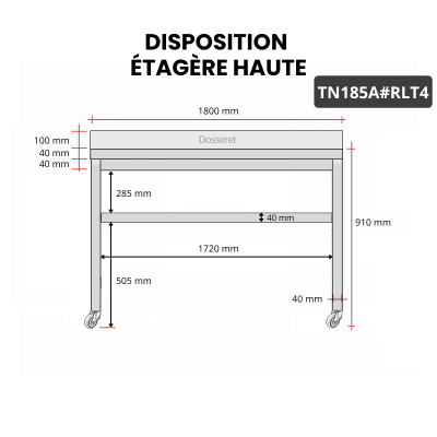 Table inox 1800 x 500 mm adossée sur roulettes / GOLDINOX