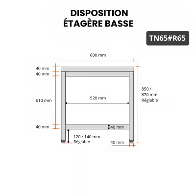 Table inox 600 x 500 mm avec renfort / GOLDINOX