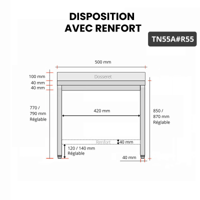 Table inox 500 x 500 mm adossée avec renfort / GOLDINOX