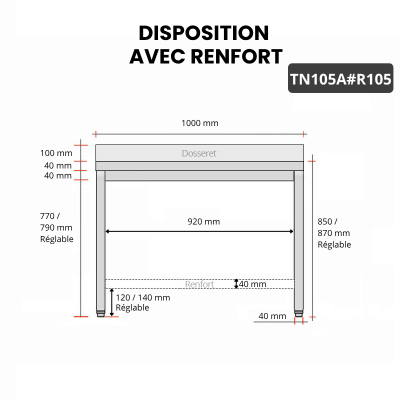 Table inox 1000 x 500 mm adossée avec renfort / GOLDINOX