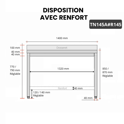 Table inox 1400 x 500 mm adossée avec renfort / GOLDINOX