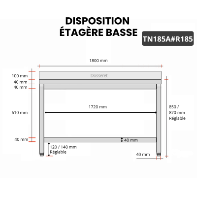 Table inox 1800 x 500 mm adossée avec renfort / GOLDINOX