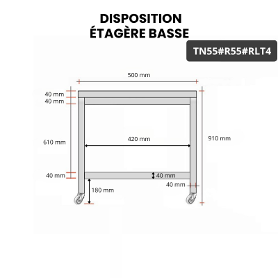 Table inox 500 x 500 mm avec renfort sur roulettes / GOLDINOX
