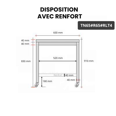 Table inox 600 x 500 mm avec renfort sur roulettes / GOLDINOX