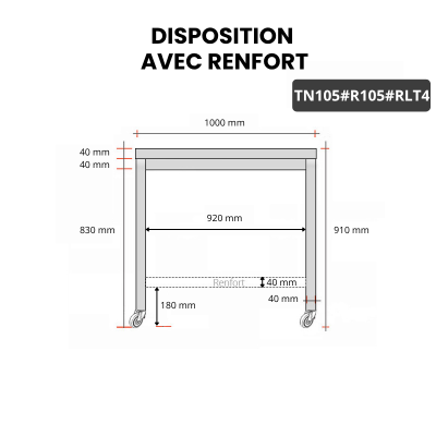 Table inox 1000 x 500 mm avec renfort sur roulettes / GOLDINOX