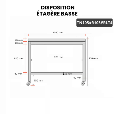 Table inox 1000 x 500 mm avec renfort sur roulettes / GOLDINOX