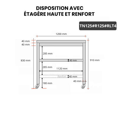 Table inox 1200 x 500 mm avec renfort sur roulettes / GOLDINOX