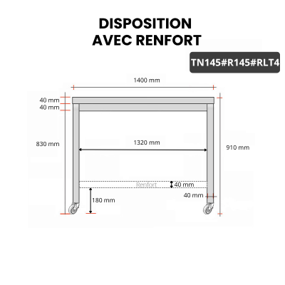 Table inox 1400 x 500 mm avec renfort sur roulettes / GOLDINOX
