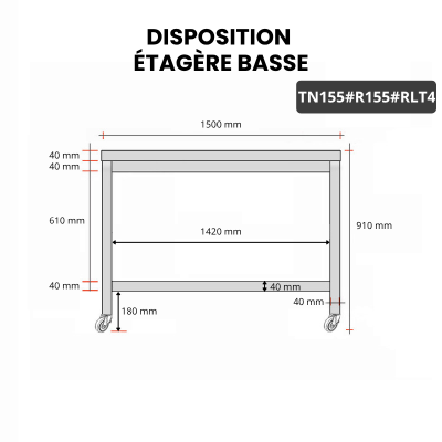 Table inox 1500 x 500 mm avec renfort sur roulettes / GOLDINOX