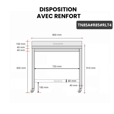 Table inox 800 x 500 mm adossée avec renfort sur roulettes / GOLDINOX