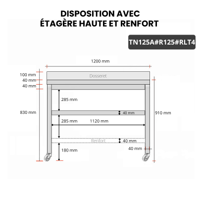 Table inox 1200 x 500 mm adossée avec renfort sur roulettes / GOLDINOX
