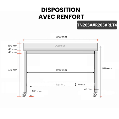Table inox 2000 x 500 mm adossée avec renfort sur roulettes / GOLDINOX