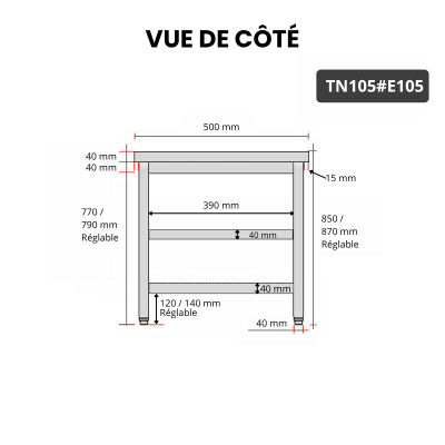 Table inox 1000 x 500 mm avec 2 étagères / GOLDINOX
