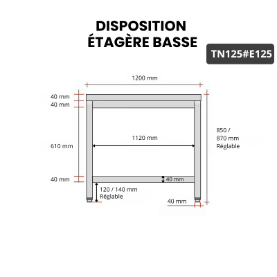 Table inox 1200 x 500 mm avec 2 étagères / GOLDINOX Table inox 1200 x 500 mm avec 2 étagères / GOLDINOX