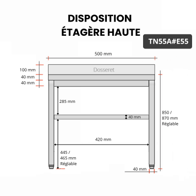 Table inox 500 x 500 mm adossée avec 2 étagères / GOLDINOX