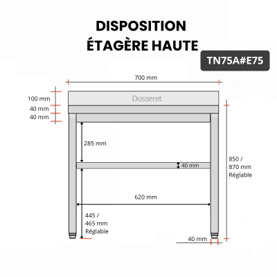 Table inox 700 x 500 mm adossée avec 2 étagères / GOLDINOX
