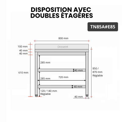 Table inox 800 x 500 mm adossée avec 2 étagères / GOLDINOX