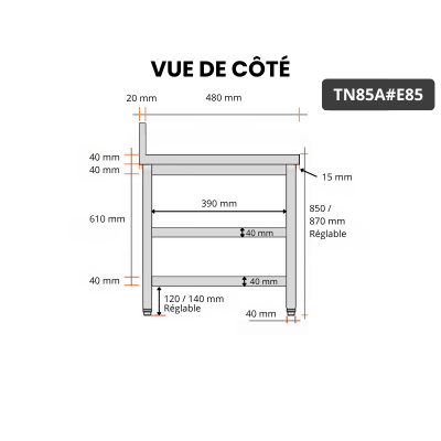 Table inox 800 x 500 mm adossée avec 2 étagères / GOLDINOX