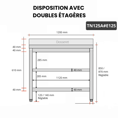 Table inox 1200 x 500 mm adossée avec 2 étagères / GOLDINOX