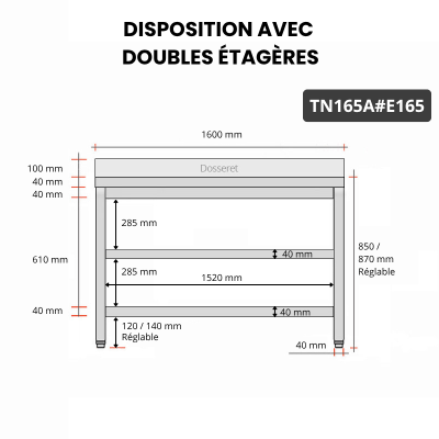 Table inox 1600 x 500 mm adossée avec 2 étagères / GOLDINOX