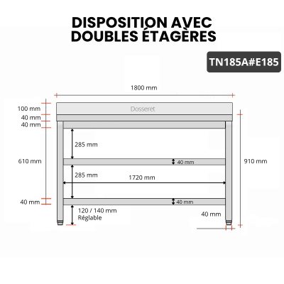 Table inox 1800 x 500 mm adossée avec 2 étagères / GOLDINOX