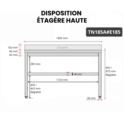 Table inox 1800 x 500 mm adossée avec 2 étagères / GOLDINOX