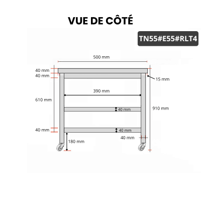 Table inox 500 x 500 mm avec 2 étagères sur roulettes / GOLDINOX