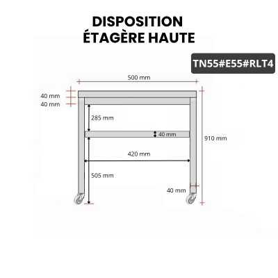 Table inox 500 x 500 mm avec 2 étagères sur roulettes / GOLDINOX