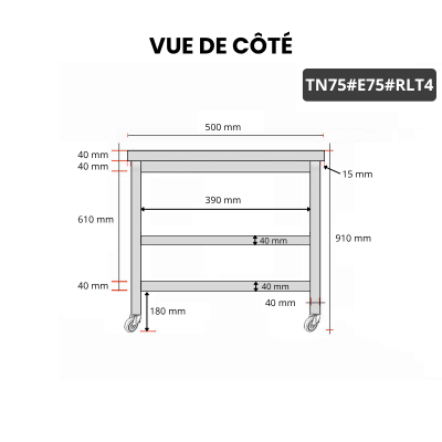 Table inox 700 x 500 mm avec 2 étagères sur roulettes / GOLDINOX