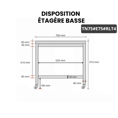 Table inox 700 x 500 mm avec 2 étagères sur roulettes / GOLDINOX