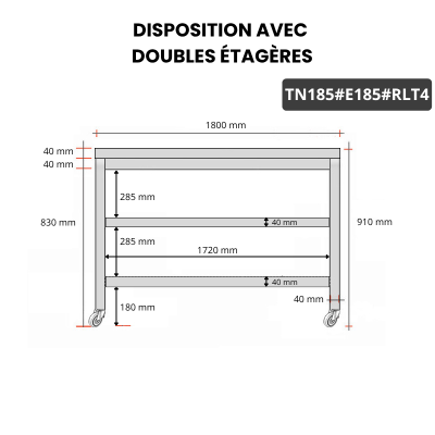 Table inox 1800 x 500 mm avec 2 étagères sur roulettes / GOLDINOX