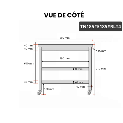 Table inox 1800 x 500 mm avec 2 étagères sur roulettes / GOLDINOX