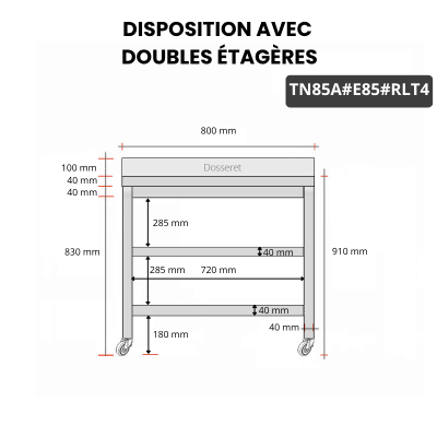 Table inox 800 x 500 mm adossée avec 2 étagères sur roulettes / GOLDINOX