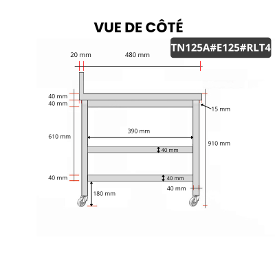 Table inox 1200 x 500 mm adossée avec 2 étagères sur roulettes / GOLDINOX