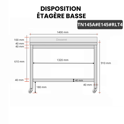 Table inox 1400 x 500 mm adossée avec 2 étagères sur roulettes / GOLDINOX
