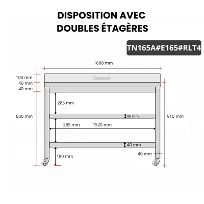 Table inox 1600 x 500 mm adossée avec 2 étagères sur roulettes / GOLDINOX