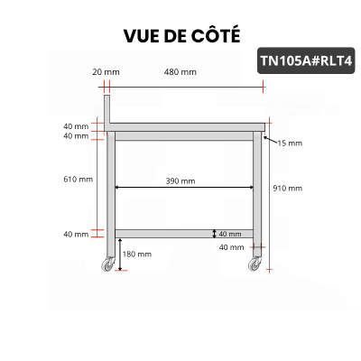 Table inox 1000 x 500 mm adossée sur roulettes / GOLDINOX