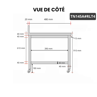 Table inox 1400 x 500 mm adossée sur roulettes / GOLDINOX