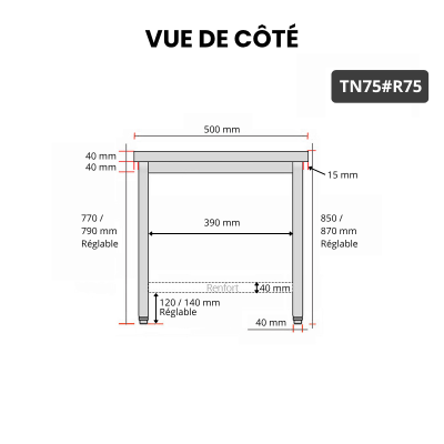 Table inox 700 x 500 mm avec renfort / GOLDINOX