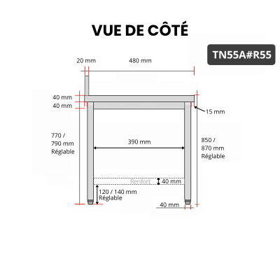 Table inox 500 x 500 mm adossée avec renfort / GOLDINOX