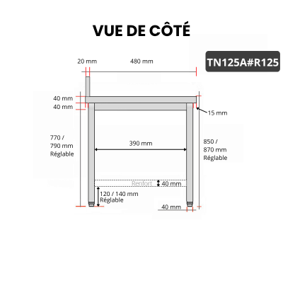 Table inox 1200 x 500 mm adossée avec renfort / GOLDINOX
