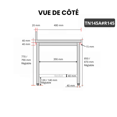 Table inox 1400 x 500 mm adossée avec renfort / GOLDINOX