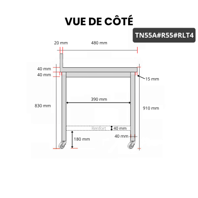 Table inox 500 x 500 mm adossée avec renfort sur roulettes / GOLDINOX