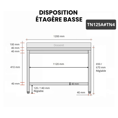 Table inox soubassement 1200 x 500 mm adossée / GOLDINOX
