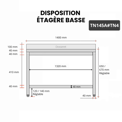 Table inox soubassement 1400 x 500 mm adossée / GOLDINOX
