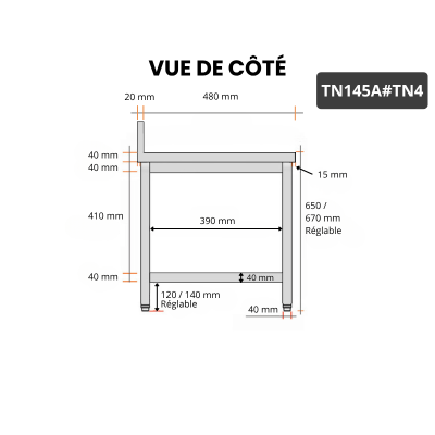 Table inox soubassement 1400 x 500 mm adossée / GOLDINOX